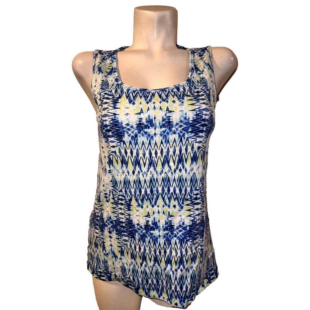 Zenergy by Chicos Bali Blue Ikat Sequin Tank Top Ribbed Cotton Size 2 L NEW